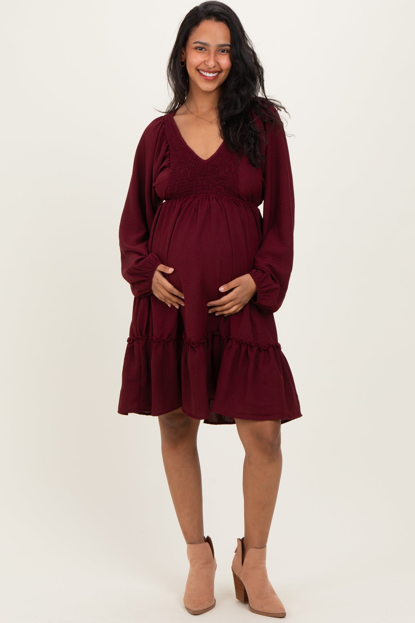 Burgundy Long Sleeve V-Neck Tiered Maternity Midi Dress