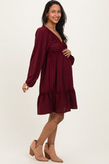 Burgundy Long Sleeve V-Neck Tiered Maternity Midi Dress