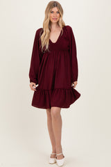 Burgundy Long Sleeve V-Neck Tiered Midi Dress