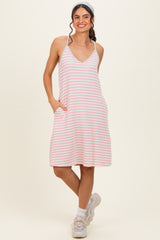 Cream/ Pink Striped Sleeveless Halter Mini Dress