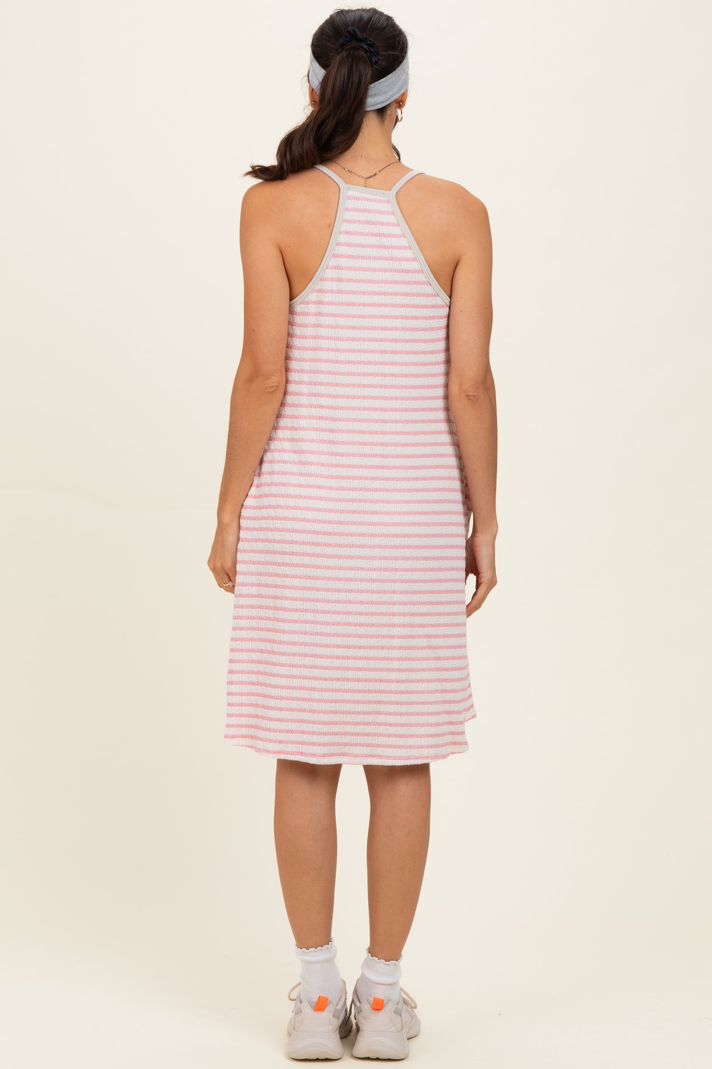 Cream/ Pink Striped Sleeveless Halter Mini Dress