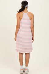 Cream/ Pink Striped Sleeveless Halter Mini Dress