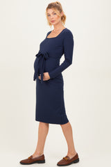 Navy Ribbed Long Sleeve Square Neck Tie Belt Maternity Midi Dress