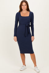 Navy Ribbed Long Sleeve Square Neck Tie Belt Maternity Midi Dress