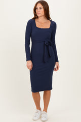 Navy Ribbed Long Sleeve Square Neck Tie Belt Midi Dress