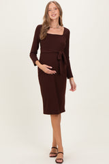 Brown Ribbed Long Sleeve Square Neck Tie Belt Maternity Midi Dress
