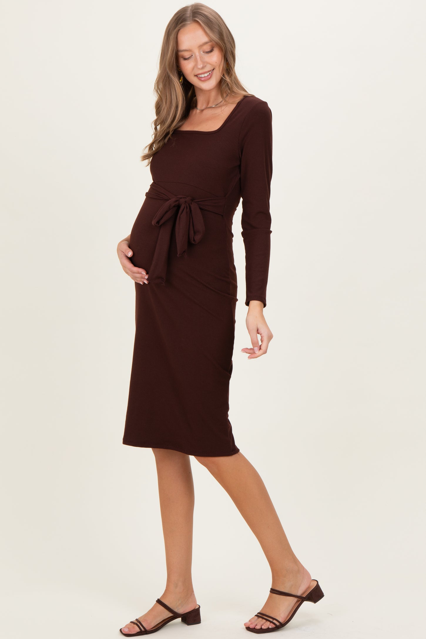 Brown Ribbed Long Sleeve Square Neck Tie Belt Maternity Midi Dress