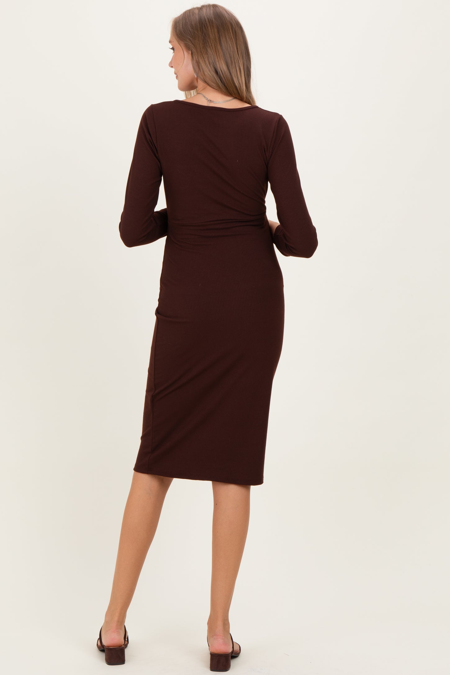 Brown Ribbed Long Sleeve Square Neck Tie Belt Maternity Midi Dress