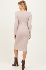 Beige Ribbed Long Sleeve Square Neck Tie Belt Maternity Midi Dress