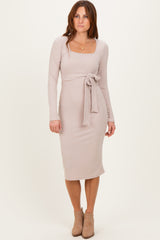 Beige Ribbed Long Sleeve Square Neck Tie Belt Midi Dress