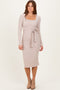 Beige Ribbed Long Sleeve Square Neck Tie Belt Midi Dress