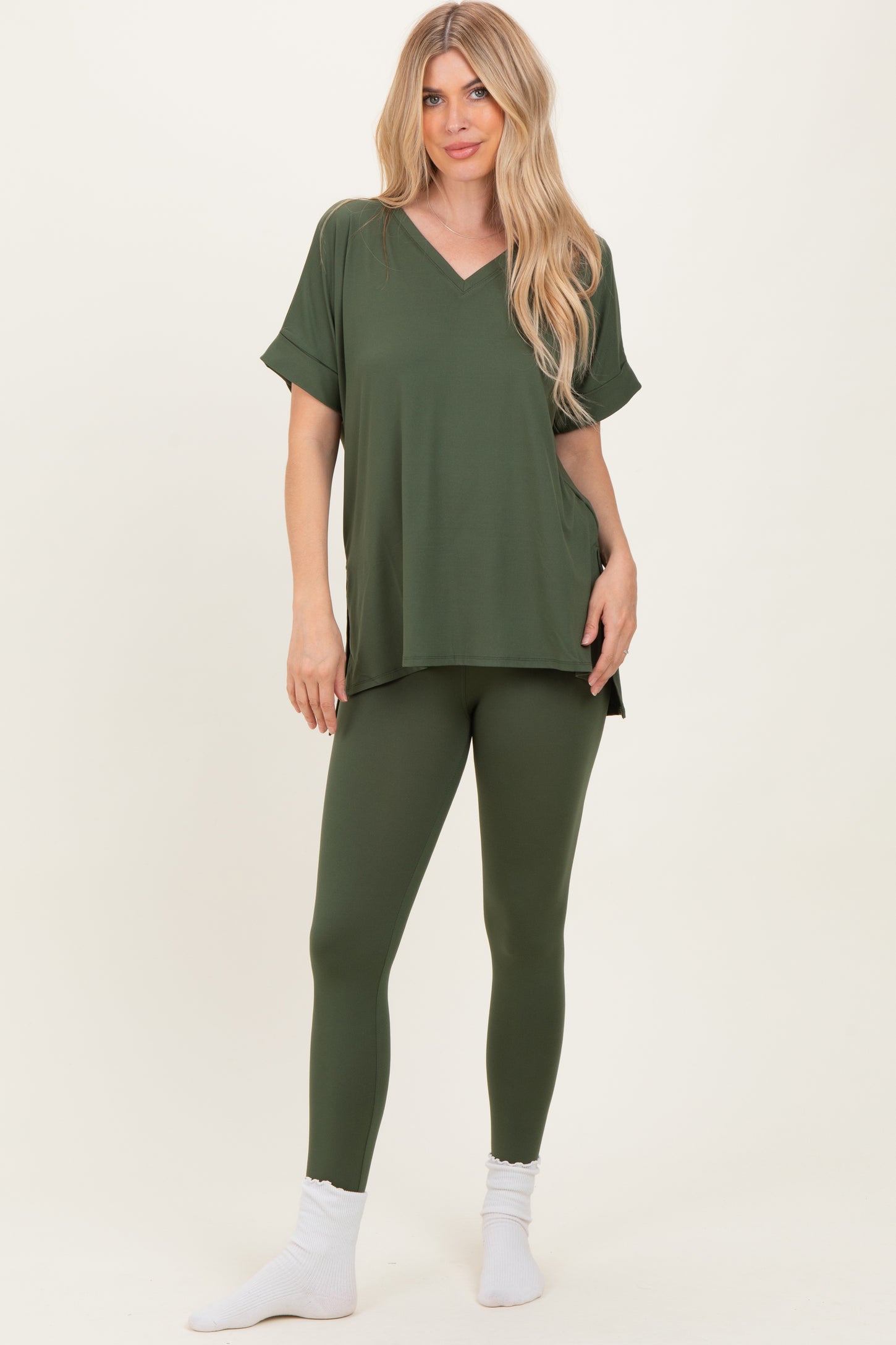 Olive Oversized V-Neck Tee Legging Lounge Set