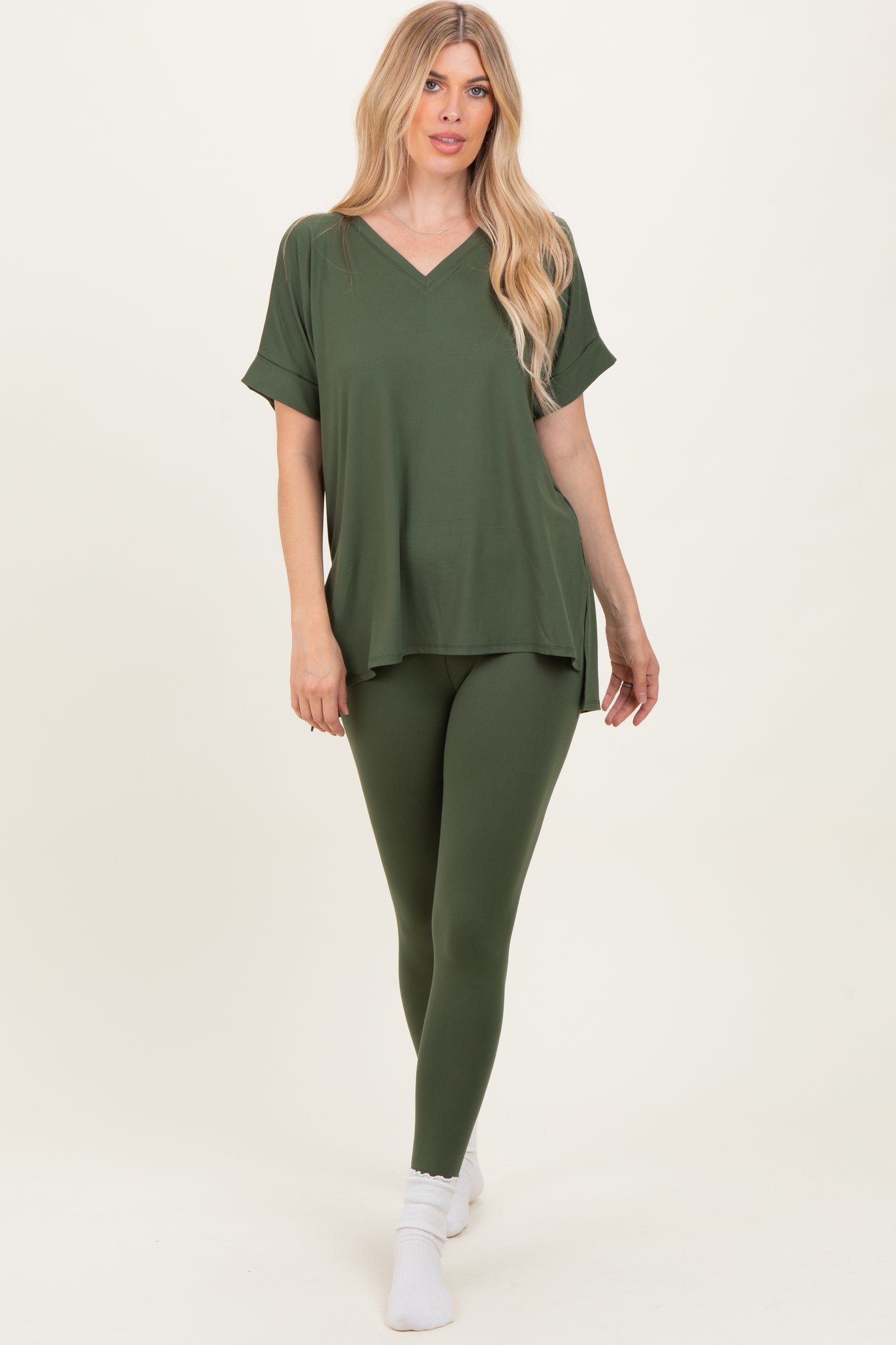 Olive Oversized V-Neck Tee Legging Lounge Set