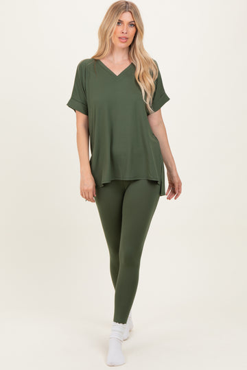 Olive Oversized V-Neck Tee Legging Lounge Set