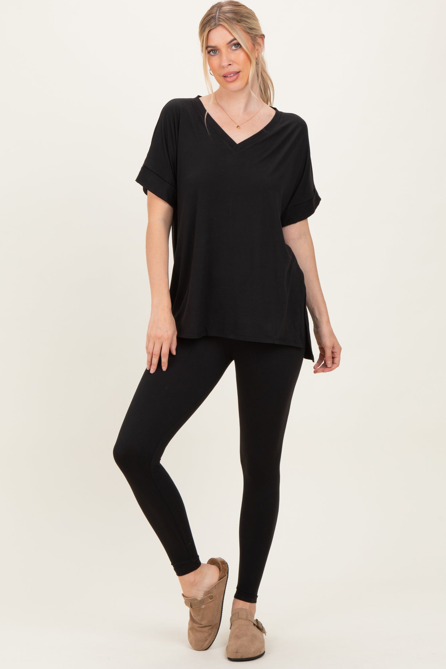Black Oversized V-Neck Tee Legging Lounge Set