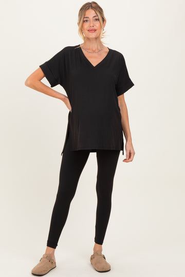 Black Oversized V-Neck Tee Legging Maternity Lounge Set