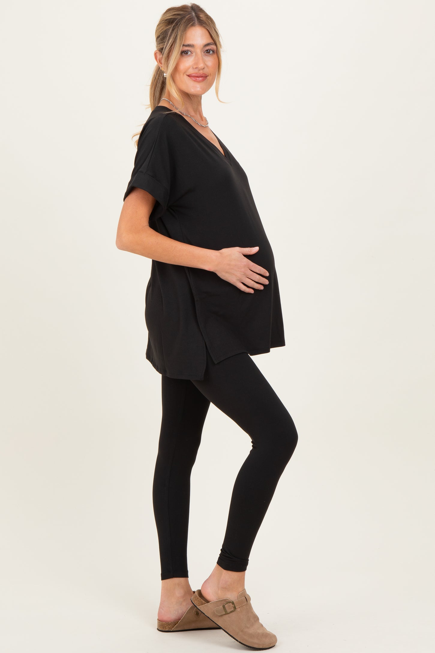 Black Oversized V-Neck Tee Legging Maternity Lounge Set