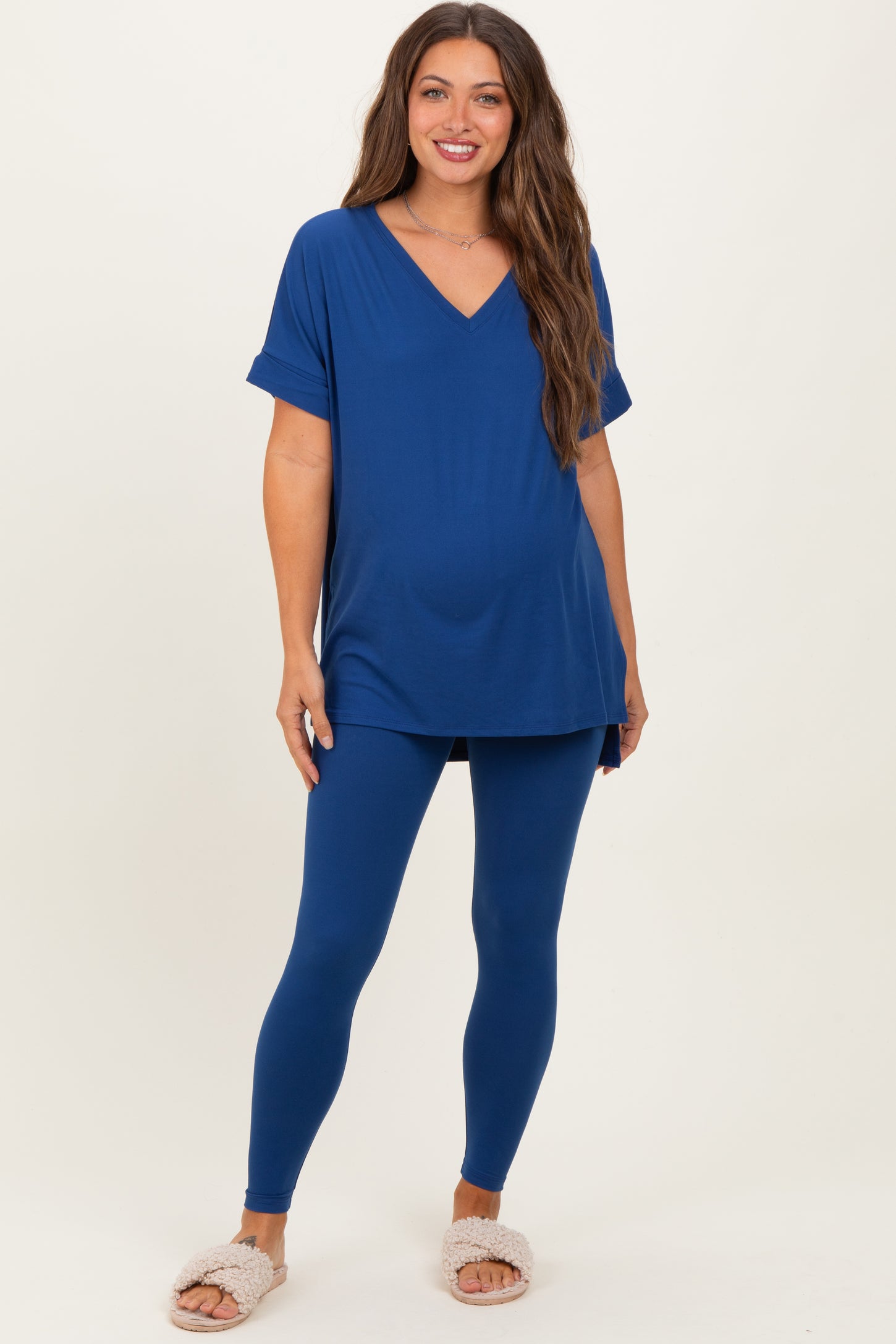 Navy Oversized V-Neck Tee Legging Maternity Lounge Set
