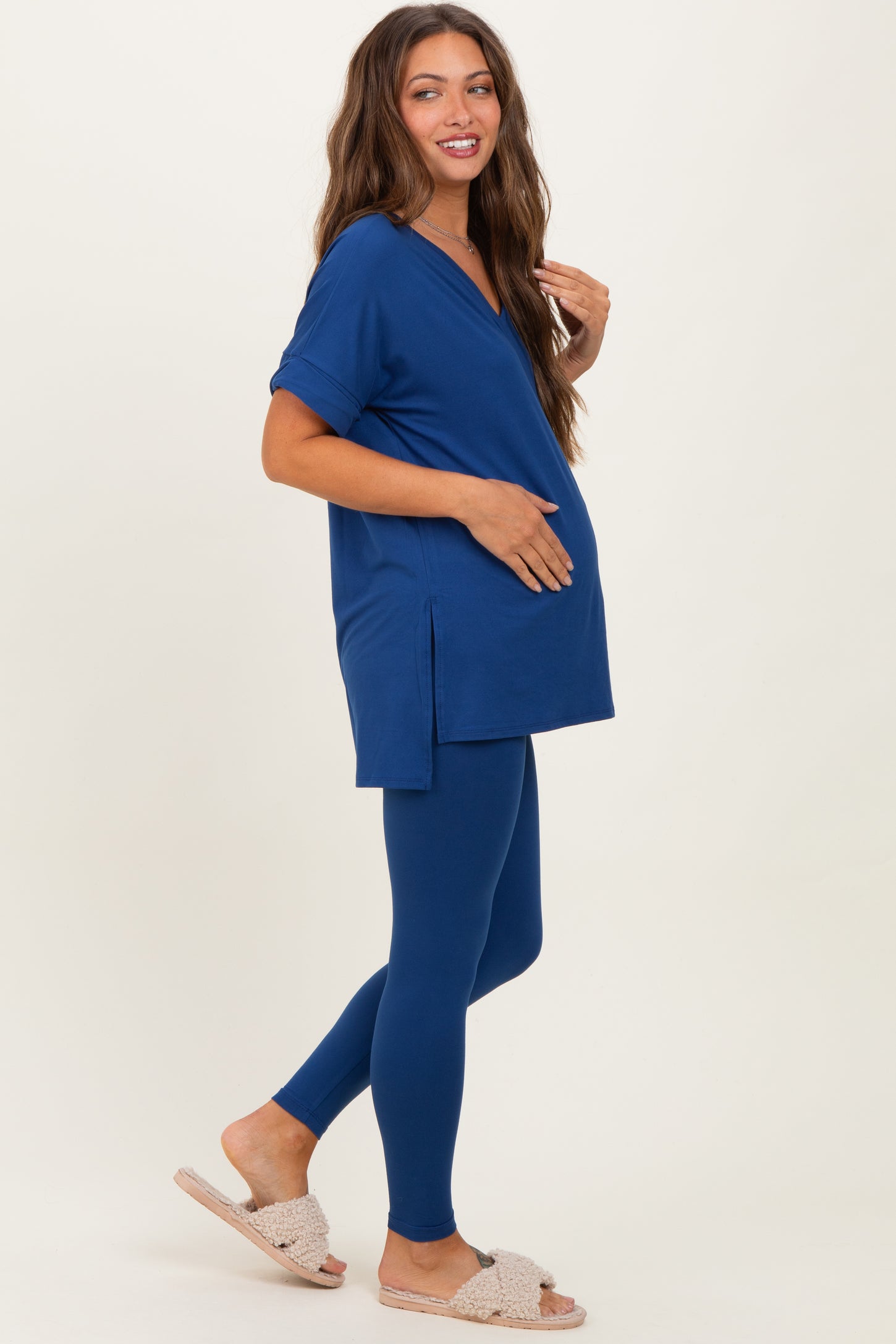 Navy Oversized V-Neck Tee Legging Maternity Lounge Set