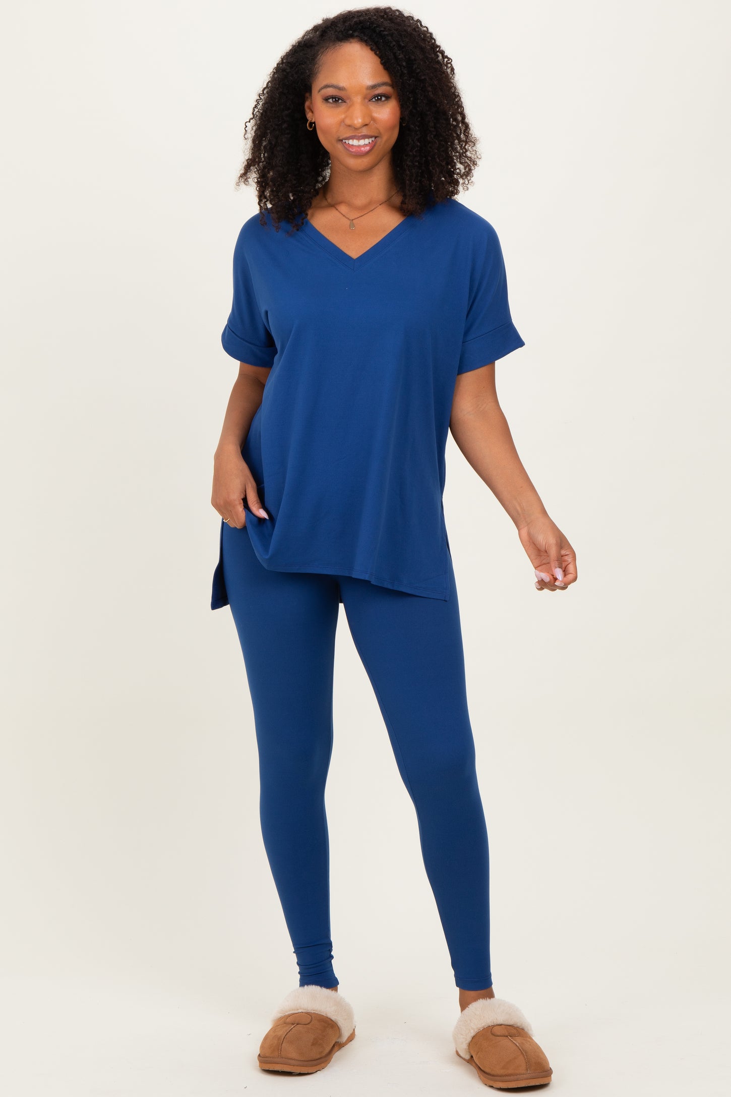 Navy Oversized V-Neck Tee Legging Maternity Lounge Set