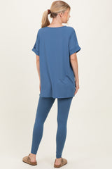 Dusty Blue Oversized V-Neck Tee Legging Lounge Set