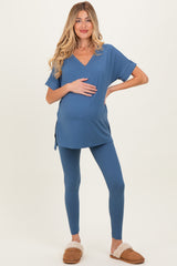 Dusty Blue Oversized V-Neck Tee Legging Maternity Lounge Set