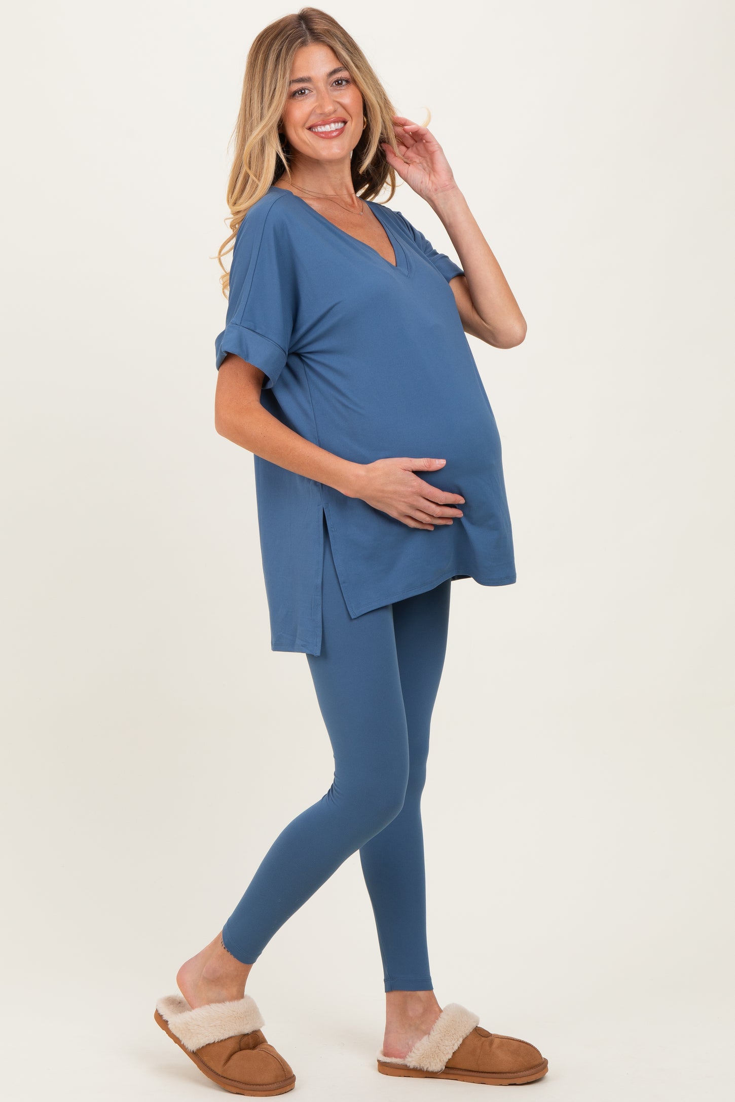 Dusty Blue Oversized V-Neck Tee Legging Maternity Lounge Set
