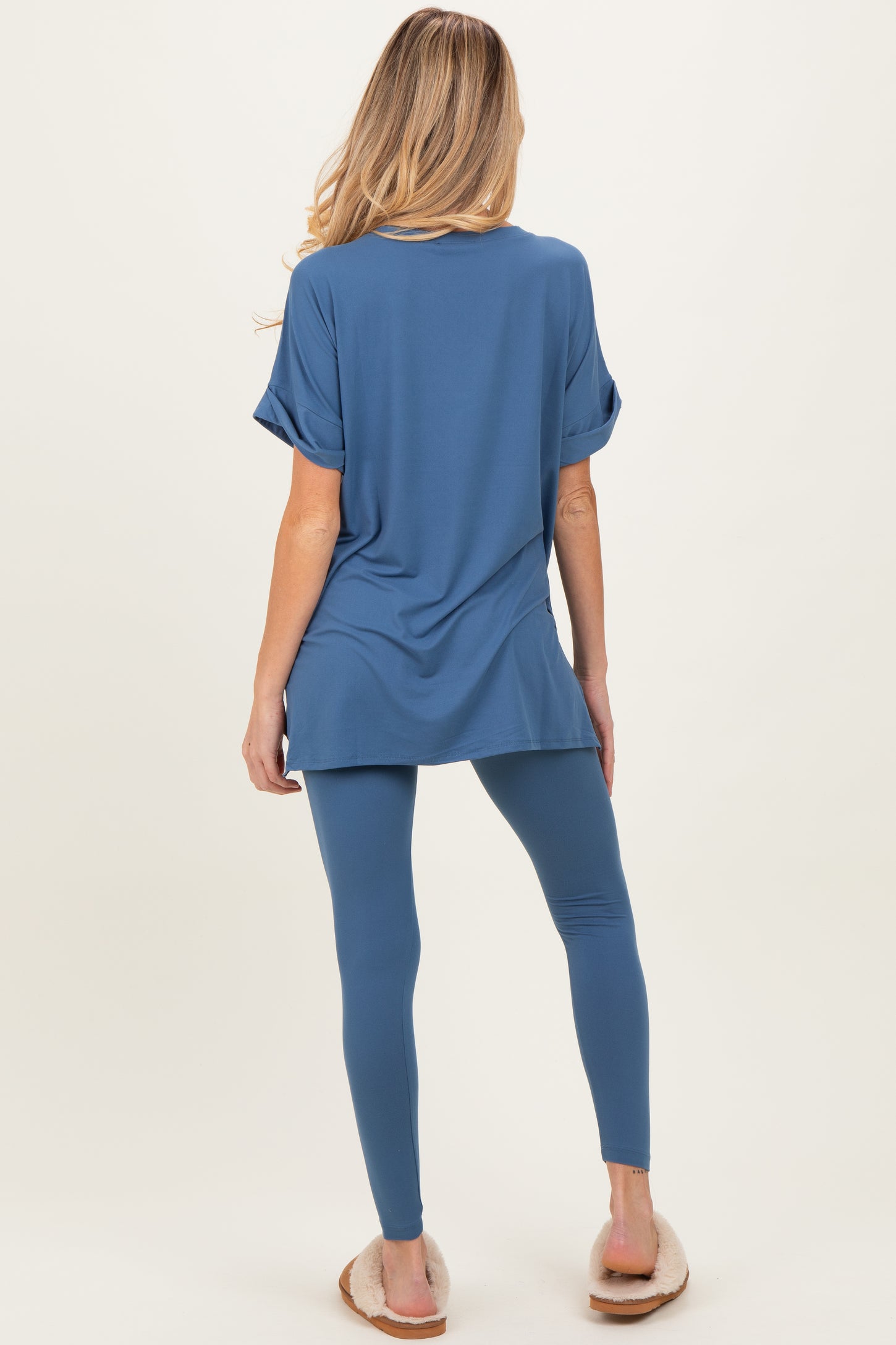 Dusty Blue Oversized V-Neck Tee Legging Maternity Lounge Set