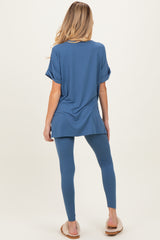 Dusty Blue Oversized V-Neck Tee Legging Maternity Lounge Set