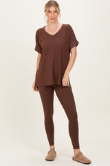 Brown Oversized V-Neck Tee Legging Lounge Set
