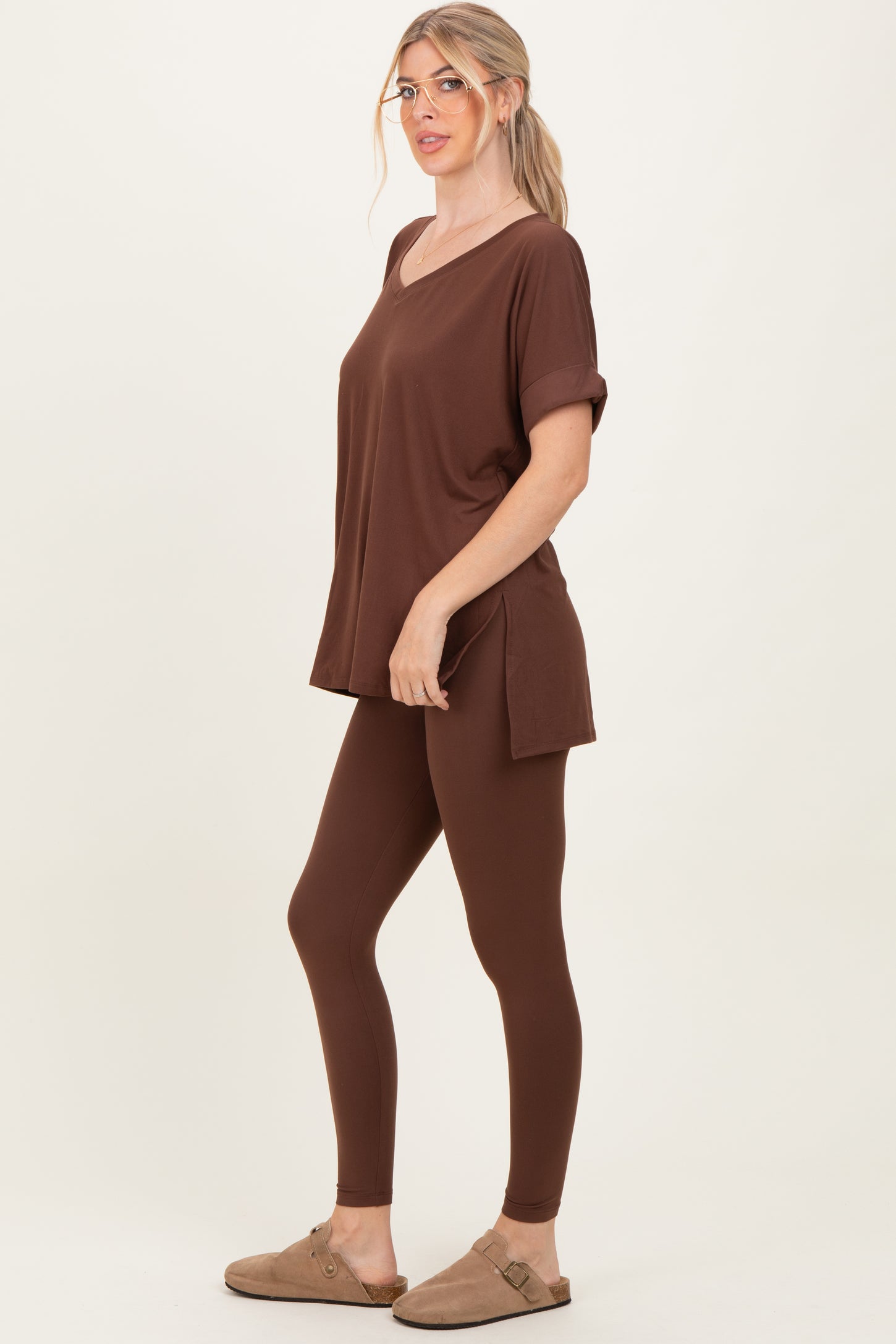 Brown Oversized V-Neck Tee Legging Lounge Set