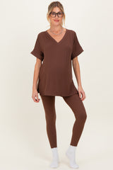 Brown Oversized V-Neck Tee Legging Maternity Lounge Set