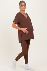 Brown Oversized V-Neck Tee Legging Maternity Lounge Set