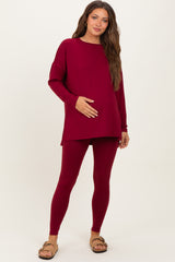 Burgundy Brushed Knit Oversized Top and Legging Maternity Set