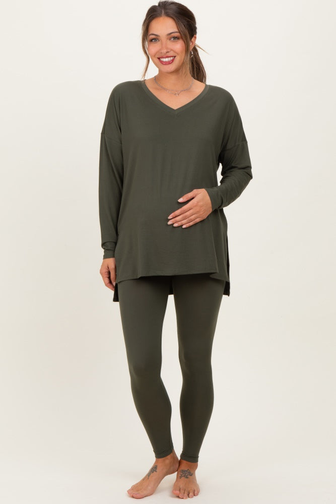 Olive Green Brushed Knit Maternity Oversized Top and Legging Set