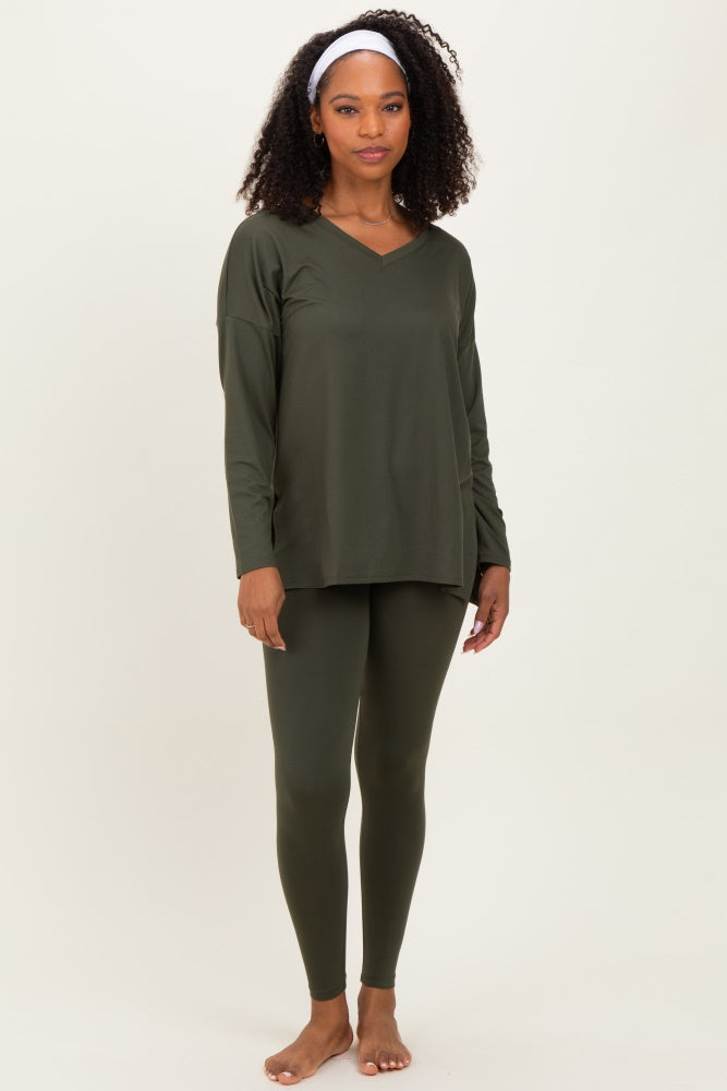Olive Green Brushed Knit Maternity Oversized Top and Legging Set