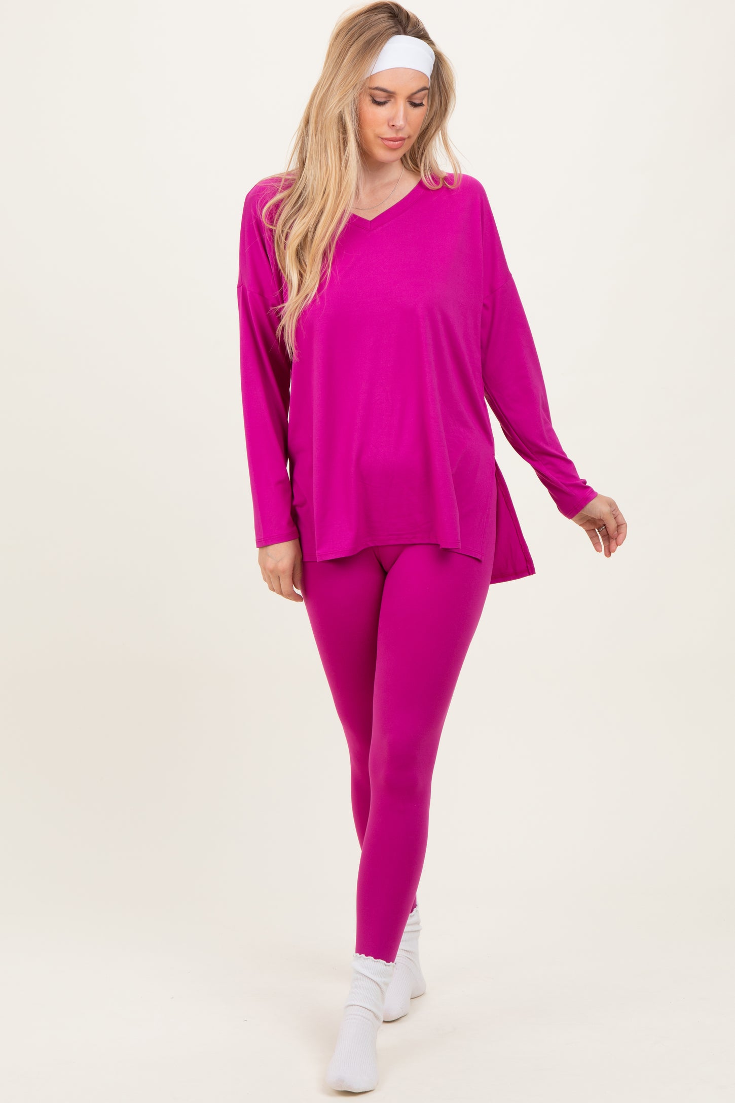 Magenta Brushed Knit Maternity Oversized Top and Legging Set