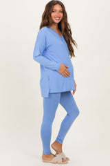 Cornflower Blue Brushed Knit Maternity Oversized Top and Legging Set