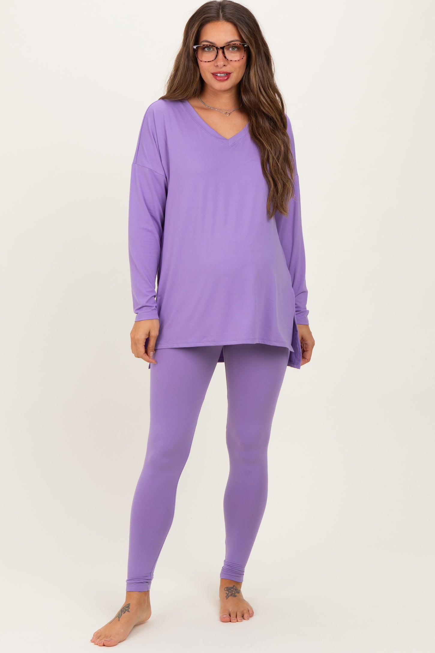 Lavender Brushed Knit Maternity Oversized Top and Legging Set