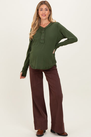 Army Olive Long Sleeve Exposed Seam Maternity Top