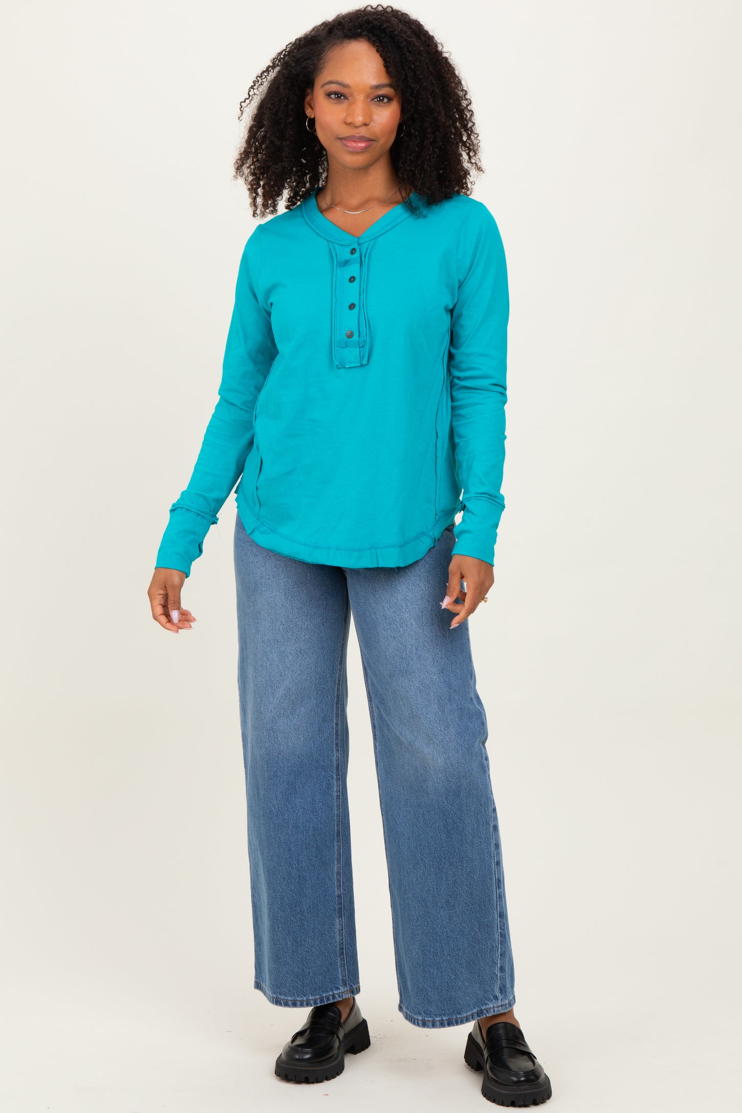 Turquoise Long Sleeve Exposed Seam Top