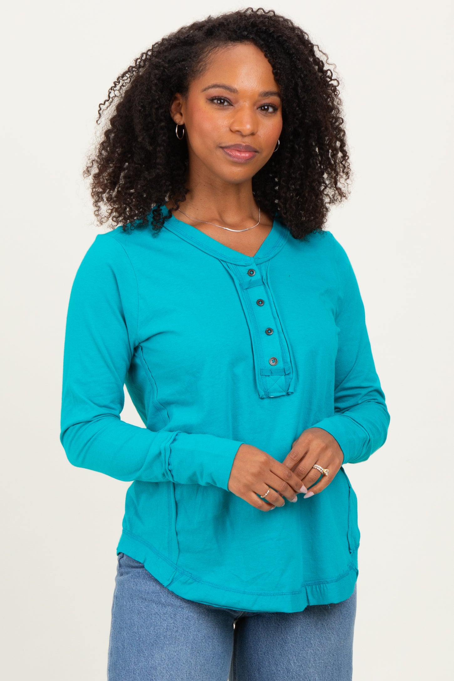 Turquoise Long Sleeve Exposed Seam Top