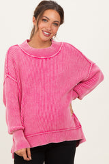 Hot Pink Washed Side Slit Oversized Maternity Sweater