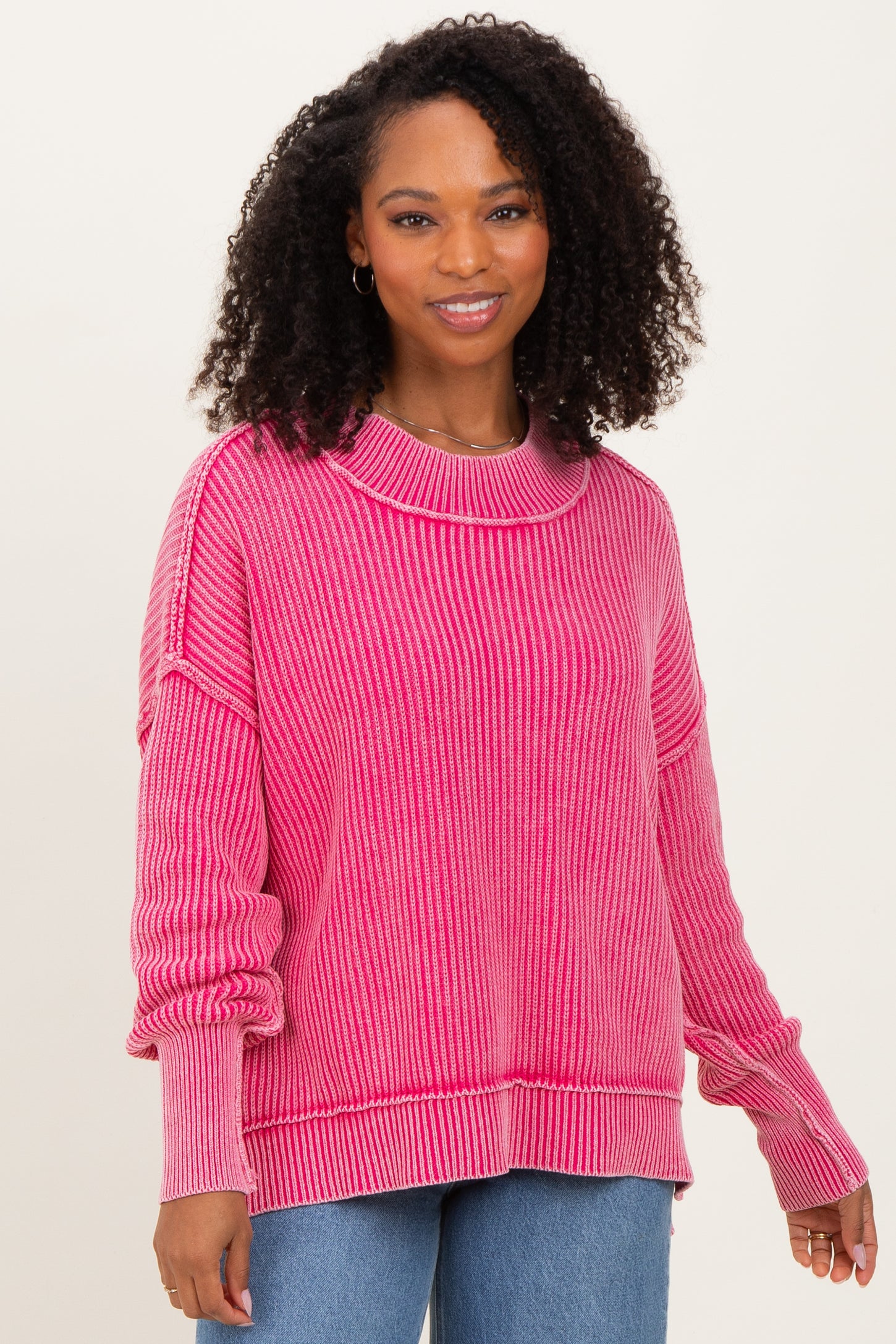 Hot Pink Washed Side Slit Oversized Sweater