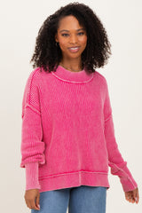Hot Pink Washed Side Slit Oversized Sweater