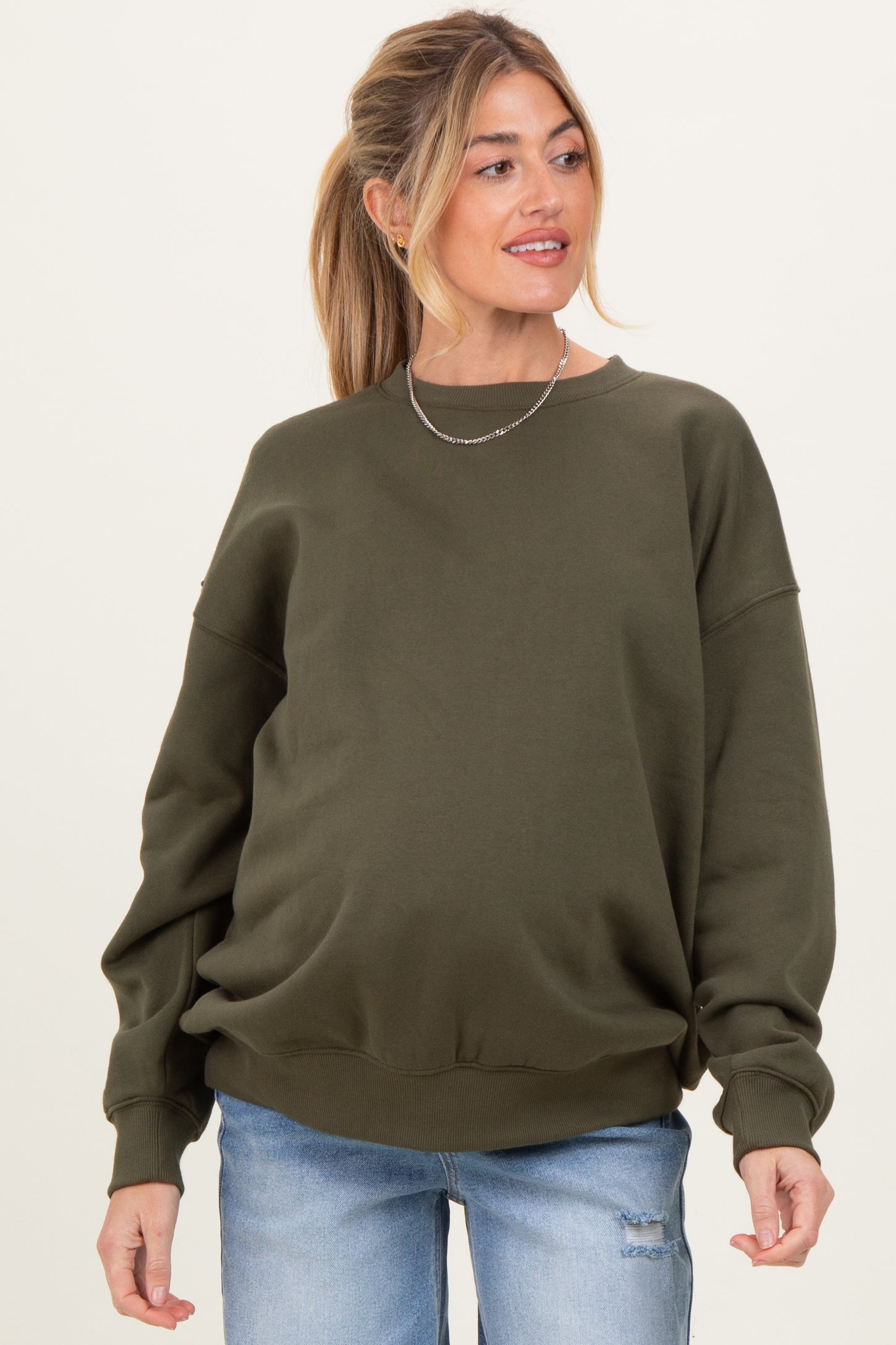 Olive Oversized Maternity Fleece Sweatshirt