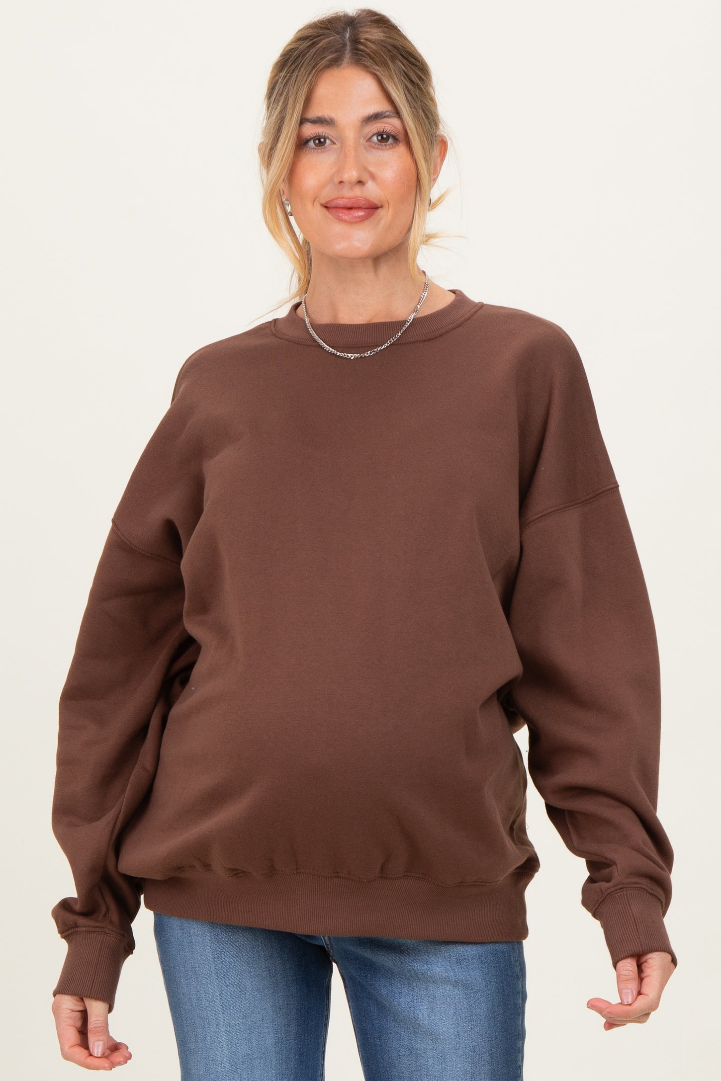Brown Oversized Maternity Fleece Sweatshirt