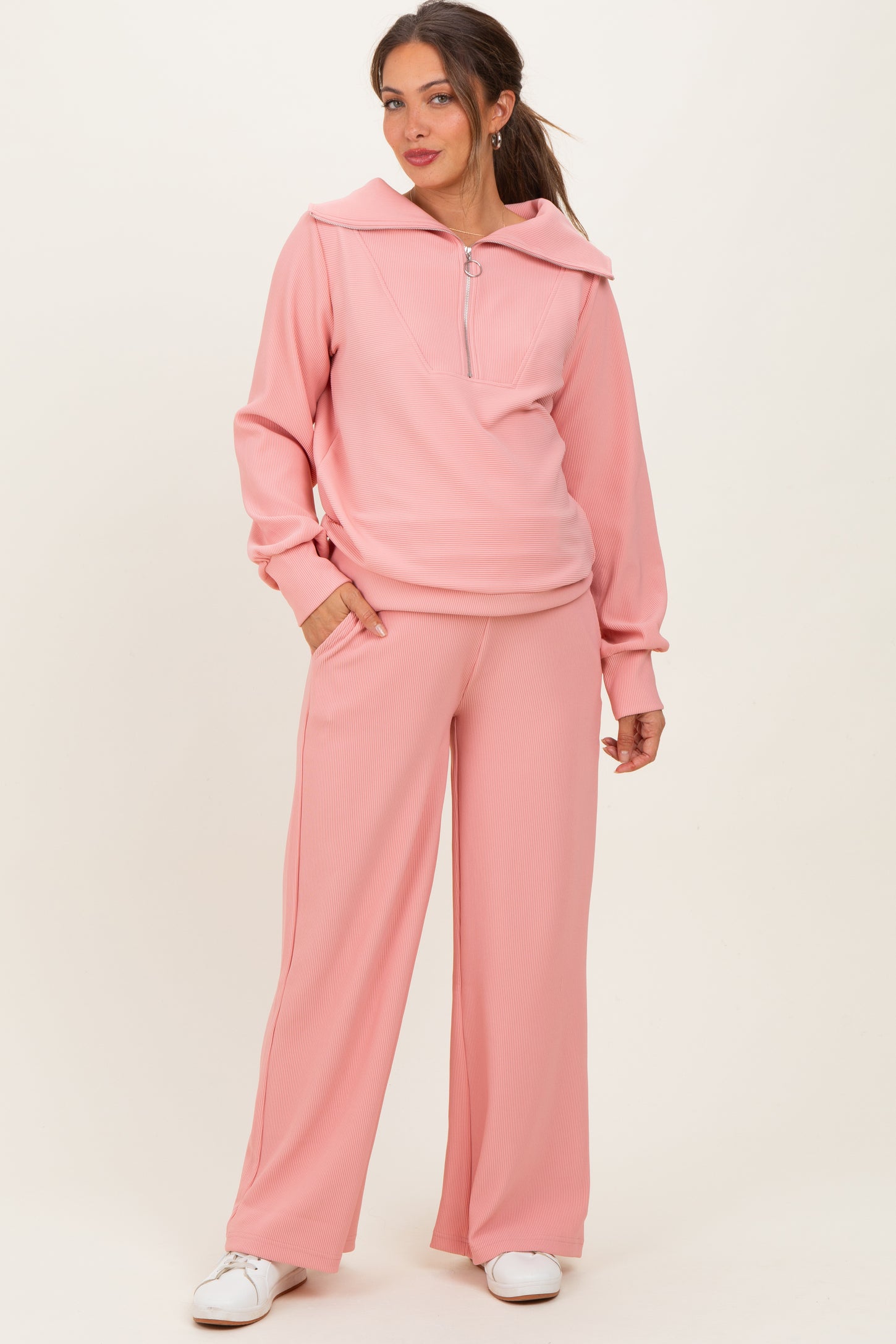 Peach Ribbed High Neck Half Zip Pullover Maternity Pant Set