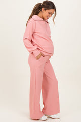 Peach Ribbed High Neck Half Zip Pullover Maternity Pant Set