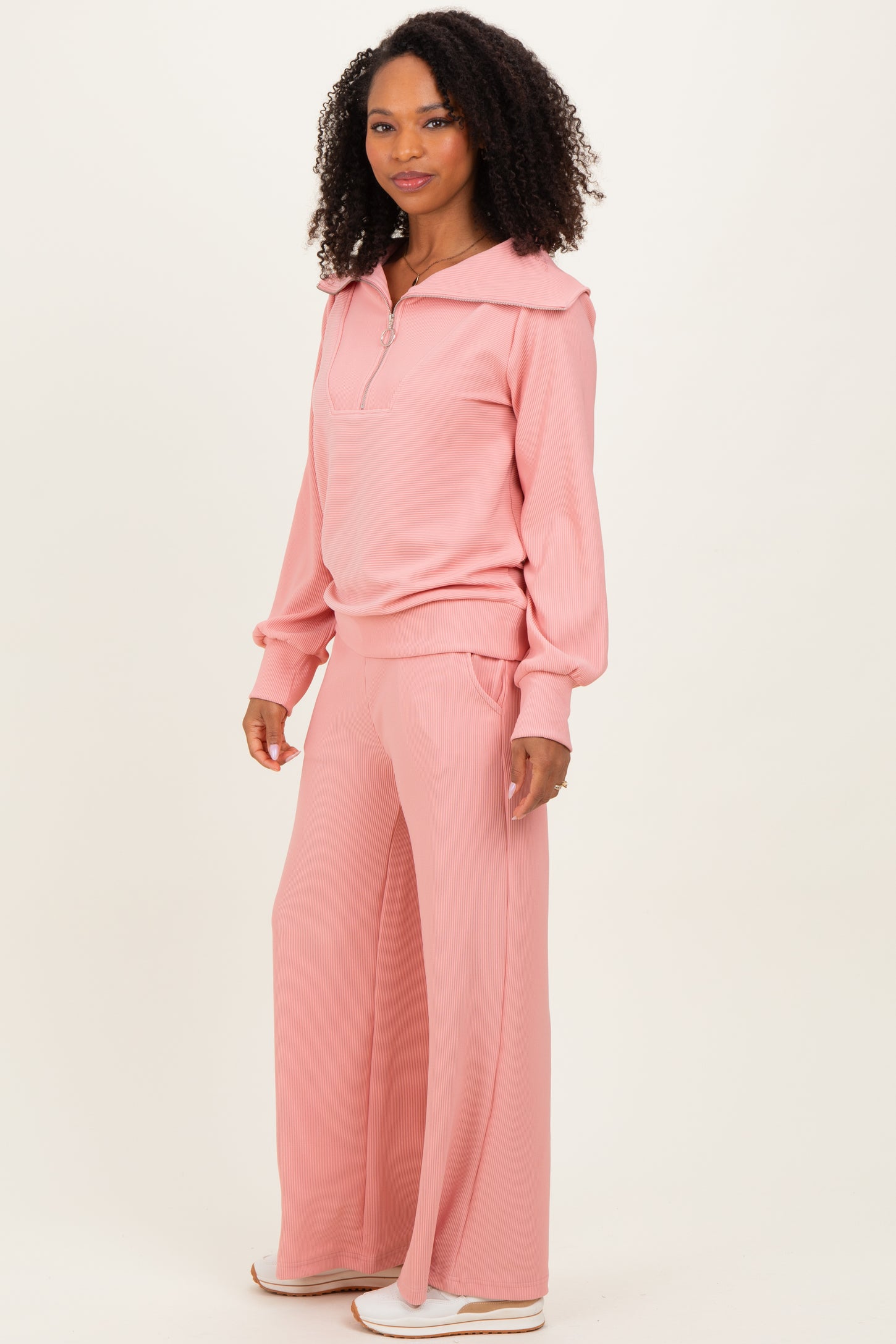 Peach Ribbed High Neck Half Zip Pullover Pant Set
